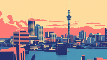 Obraz premium Risograph stencilled riso print travel poster, card, wallpaper or banner illustration, modern, isolated, clear, simple of Hamilton, New Zealand