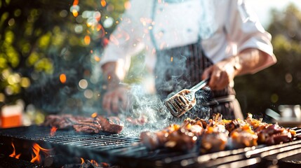 Fototapeta premium A chef grills marinated meat over an open flame, surrounded by smoke and vibrant sparks under a clear blue sky