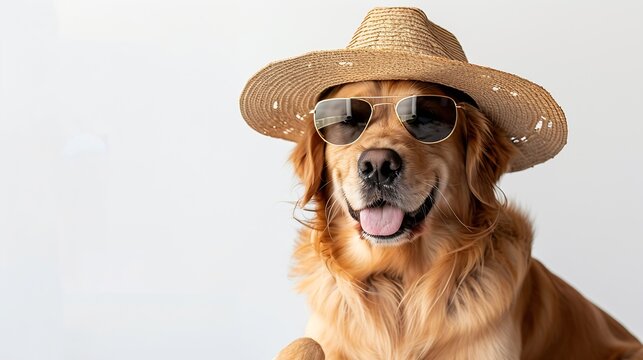 Portrait of a dog on a white background wearing sunglasses and a straw summer hatA happy golden retriever is ready to relax in the summer near sea The dog is ready for summer travel : Generative AI