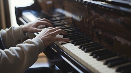 A person plays the piano, their hands skillfully navigating the keys in a cozy room filled with natural light in the afternoon