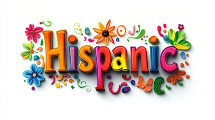 A colorful text Hispanic design on white background. National hispanic heritage month festival, Latin america culture, tradition and art.