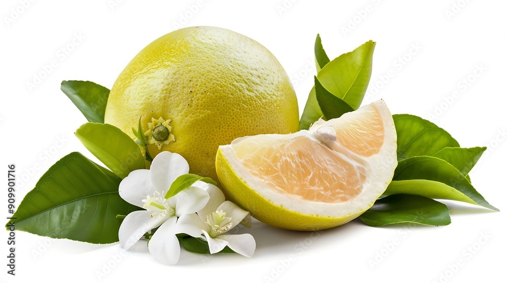 Poster Isolated pomelo citrus fruit One whole pomelo and a peeled segment with leaves and flowers isolated on white background with clipping path : Generative AI