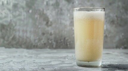 Tibicos or Water kefir in tall glass on grey  background White muddy Fermented drink made with water and symbiotic culture of bacteria and yeasts Healthy probiotic Tibi drink : Generative AI