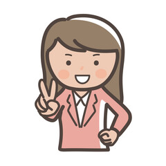 笑顔でピースをするビジネスウーマンのイラスト
