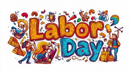 Obraz premium A colorful text Labor day design on white background. celebrate the Labor Day holiday and the importance of workers and construction.