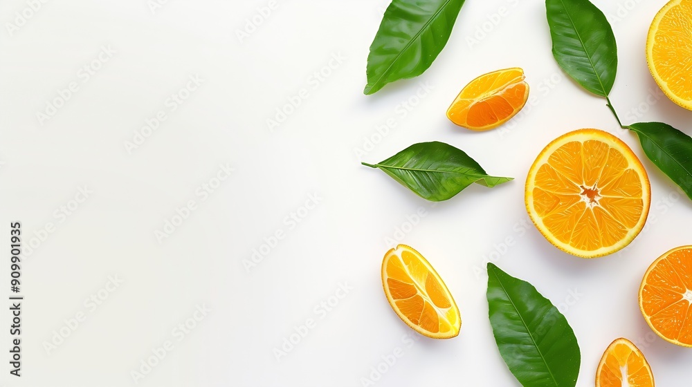Poster orange fruit with segment and green leaves isolated on white background : generative ai