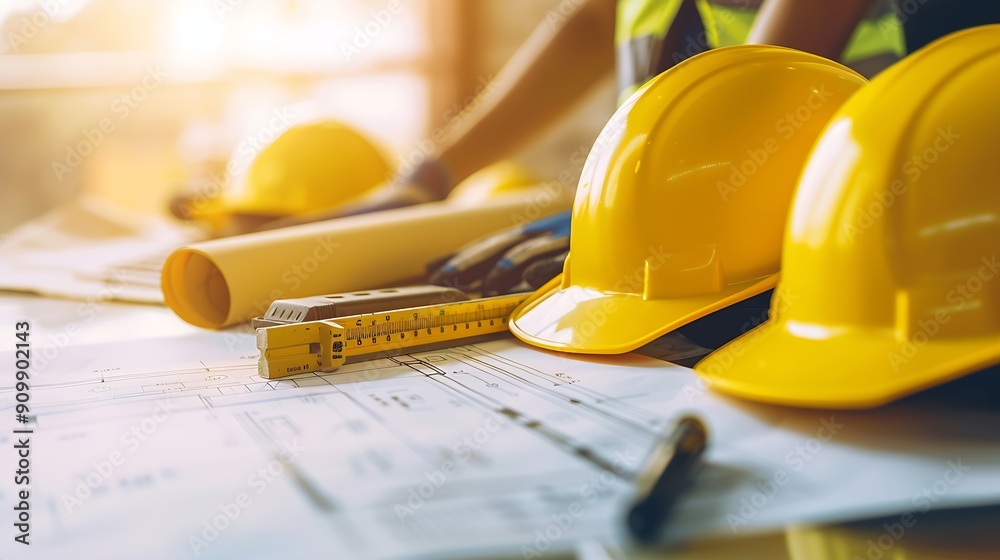 Poster A group of construction workers are wearing yellow hard hats The hats are placed on a table next to a blueprint : Generative AI