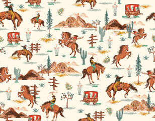Cowboy and Cow girl seamless vector pattern. Howdy Cowboy boots, hat, horseshoe repeating background. Wild West surface pattern design for All fabric and Prints
