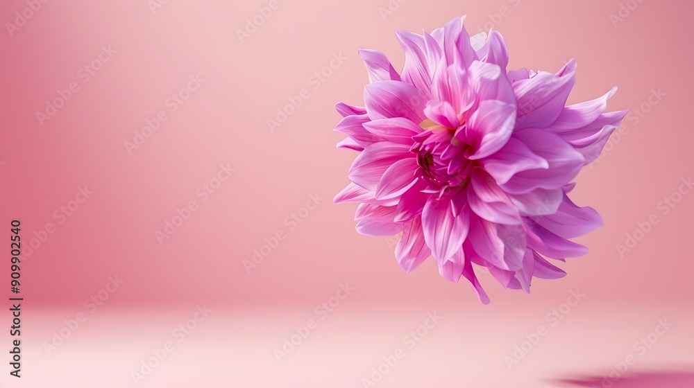 Poster beautiful fresh purple dahlia flower falling in the air isolated on pink background levitation or ze