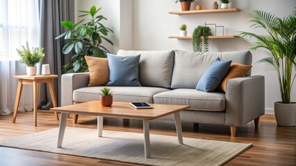 Fototapeta premium A clutter-free living room with a comfortable couch, a modern smartphone lies on the side table, surrounded by subtle hints of e-commerce and digital communication.