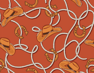 owboy and Cow girl seamless vector pattern. Howdy Cowboy hat, horseshoe and Rope repeating background.