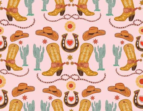 Cowboy and Cow girl seamless vector pattern. Howdy Cowboy boots, hat, horseshoe repeating background. Wild West surface pattern design for All fabric and Prints