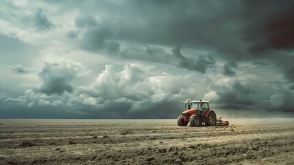 Fototapeta premium Farmer in tractor ploughing field on cloudy day : Generative AI