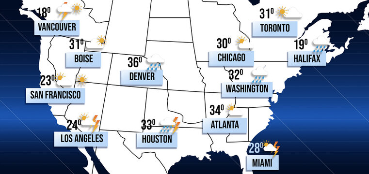 Weather forecast shown on map of USA. illustration with city names, temperature data and weather condition icons