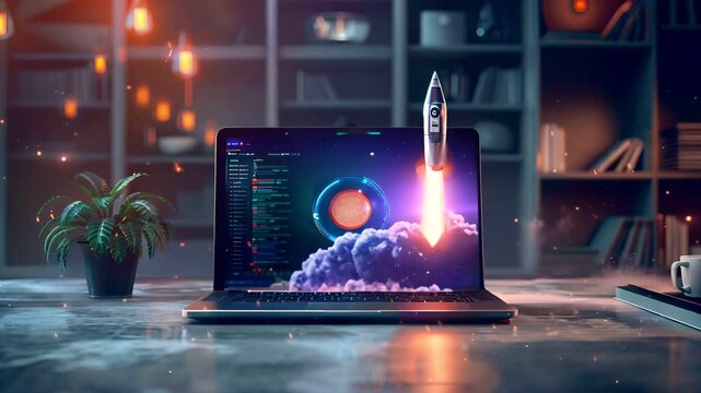 A glowing rocket ship launches from a laptop screen, symbolizing business growth and innovation.