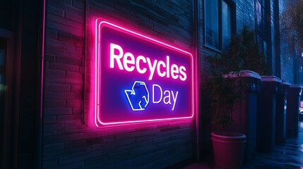 A vibrant neon sign promotes Recycles Day in a city alley at night