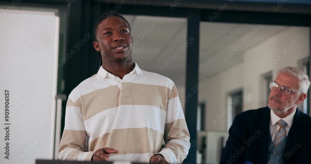 Aufkleber Card, education and speech with student in classroom of university for oral presentation. Reminder, study and thinking with young man speaking to class at college or school for lecture or lesson