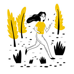 A running woman. A happy, active girl jogging in the park. Runner, cardio, warm-up. A smiling female runner in a sports uniform and sneakers. Vector illustration hand-drawn in sketch style, doodle on 