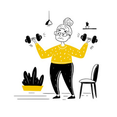 An elderly woman, old, in a tracksuit, does sports for health. A female character does sports, pumps muscles, lifts dumbbells. Vector illustration, hand-drawn in sketch style, doodles on an isolated b