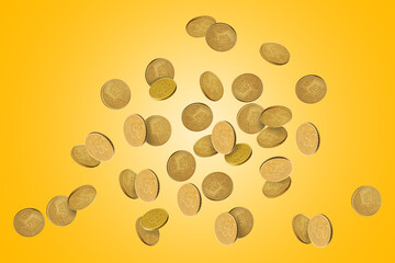 Many euro cent coins in air on golden background