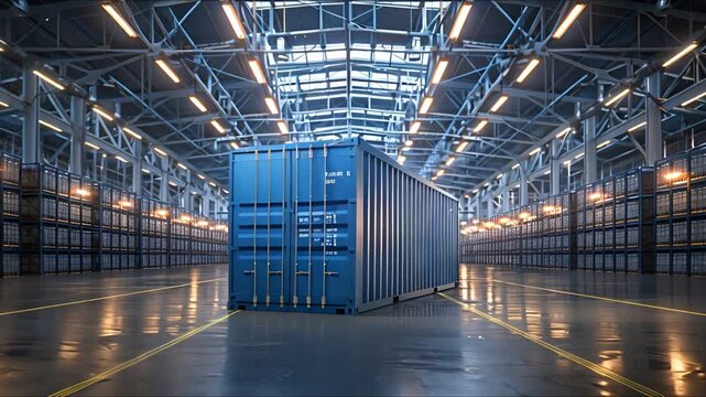 A blue shipping container stands in a large, empty warehouse with rows of shelves in the background. 