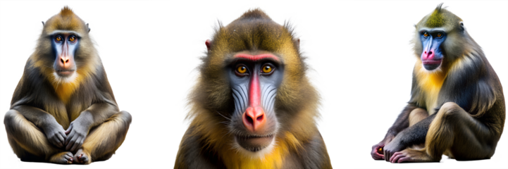 Mandrill monkey collection, sitting and portrait with closeup, animal bundle isolated on a white background