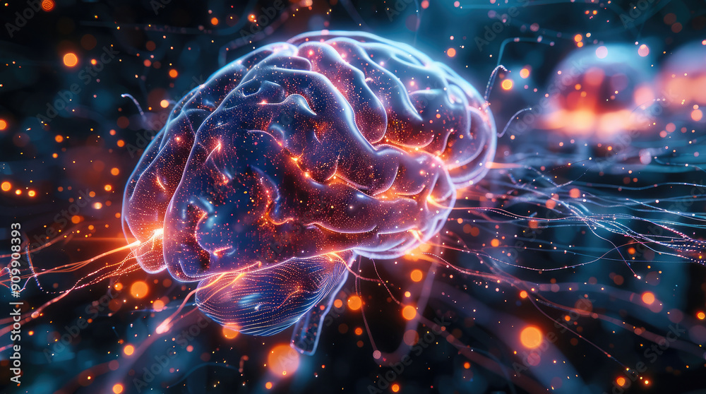 Aufkleber an artificial brain, neural networks gradually growing and extending in a visually captivating manne