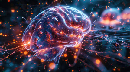 Fototapeta premium An artificial brain, neural networks gradually growing and extending in a visually captivating manner, illuminated by pulsating lights mimicking a heartbeat. Generative AI.