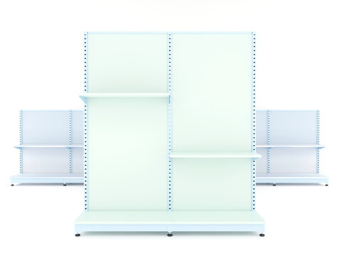 3D Supermarket shelf, Empty store showcase display, mock-up for retail market, 3D rendering.