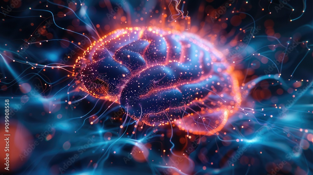 Aufkleber an artificial brain, neural networks gradually growing and extending in a visually captivating manne