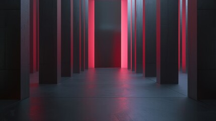 Modern dark corridor with vertical red neon lights. Futuristic and minimalistic design, perfect for tech or sci-fi concepts.