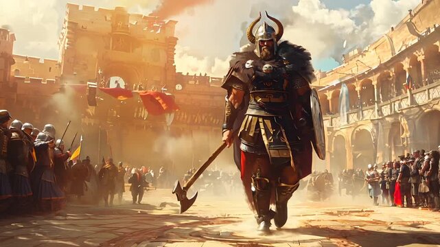 A man in an armoured suit walking through an arena