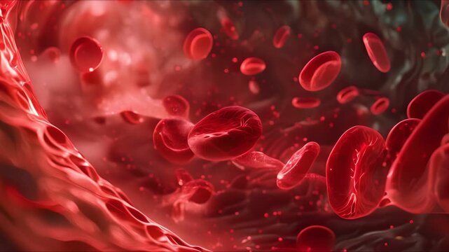 A close-up view of red blood cells flowing through a vein