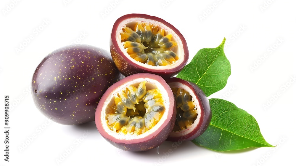 Poster passion fruit isolated with leaf passion maracuya fruit on white background with clipping path as de