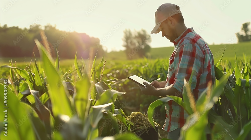 Poster Farmer man in corn field works with computer Business Farm Agriculture concept Farmer with computer tablet in green corn field Modern digital technologies Worker works on farm Agronomi : Generative AI