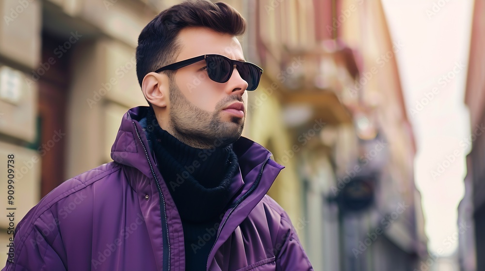 Wall mural Handsome man with sunglasses and purple jacket : Generative AI