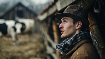 Portrait of a young farmer at cow house on a farm : Generative AI