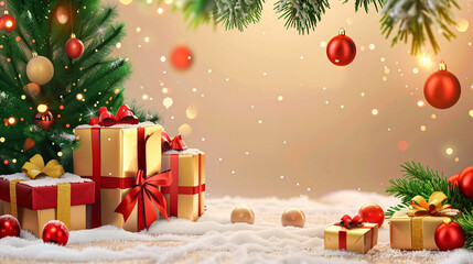Christmas holiday background decorate with gift boxes, tree and ornaments, happy new year celebration, festive design scene 