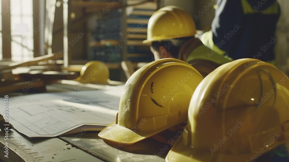 Poster A group of construction workers are wearing yellow hard hats The hats are placed on a table next to a blueprint : Generative AI