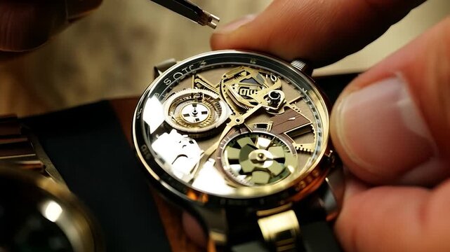 A watchmaker carefully adjusts the gears of a mechanical watch, showcasing craftsmanship and precision in a well-lit workshop