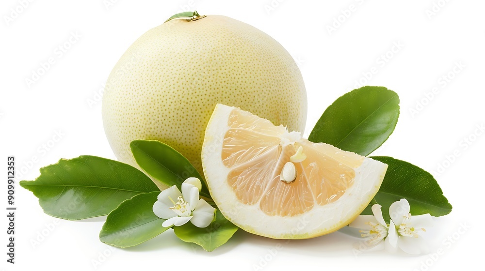 Poster Isolated pomelo citrus fruit One whole pomelo and a peeled segment with leaves and flowers isolated on white background with clipping path : Generative AI