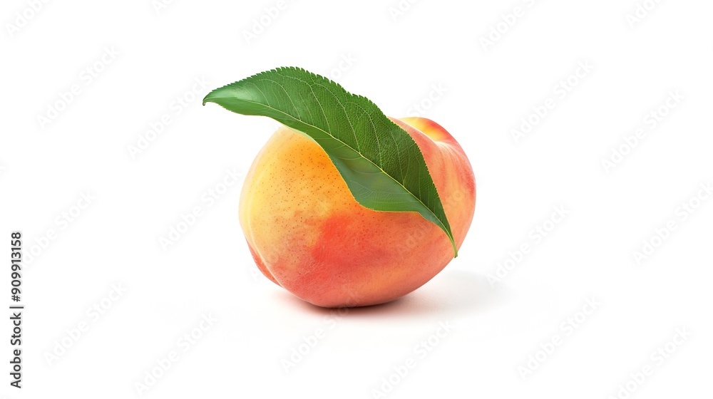 Poster Ripe peach fruit with leaf isolated on white background Clipping Path Full depth of field : Generative AI