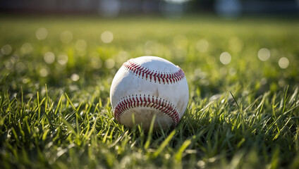 Old leather baseball rests alone on green grass, forgotten equipment after summer leisure game