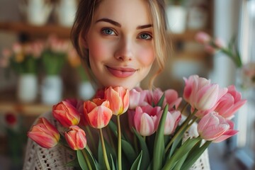Fototapeta premium Radiant Beauty Surrounded by Colorful Tulips in a Cozy Floral Setting