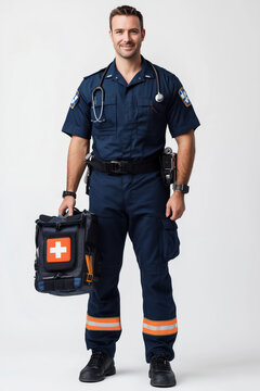 Happy Paramedic with Medical Bag and Stethoscope - A cheerful paramedic in uniform holding a medical bag and wearing a stethoscope