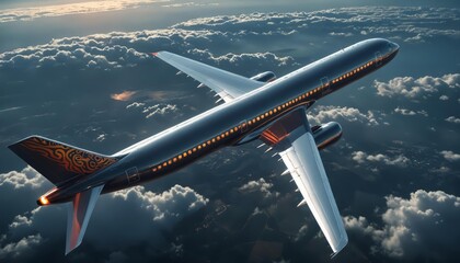 Fototapeta premium Airliner in Flight Through the Atmospheric Cloudscape
