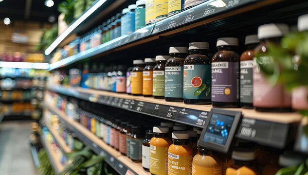 Grocery store health supplement aisle, supplement ordering touchscreen on the shelf, product list images in a simple modern elegant style, clean. Generative AI.