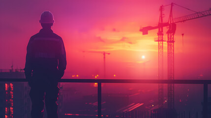 A lone construction worker in a hardhat stands on a rooftop, silhouetted against a fiery sunset, as cranes rise up behind him.