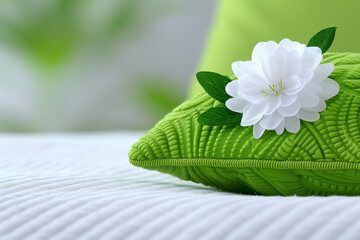 A green pillow with a white flower on it