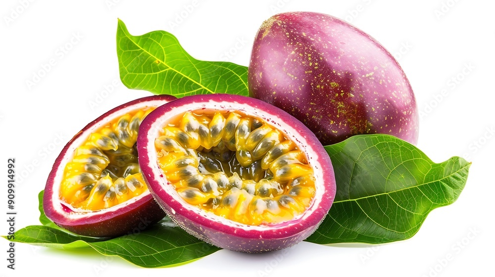 Poster passion fruit isolated with leaf passion maracuya fruit on white background with clipping path as de